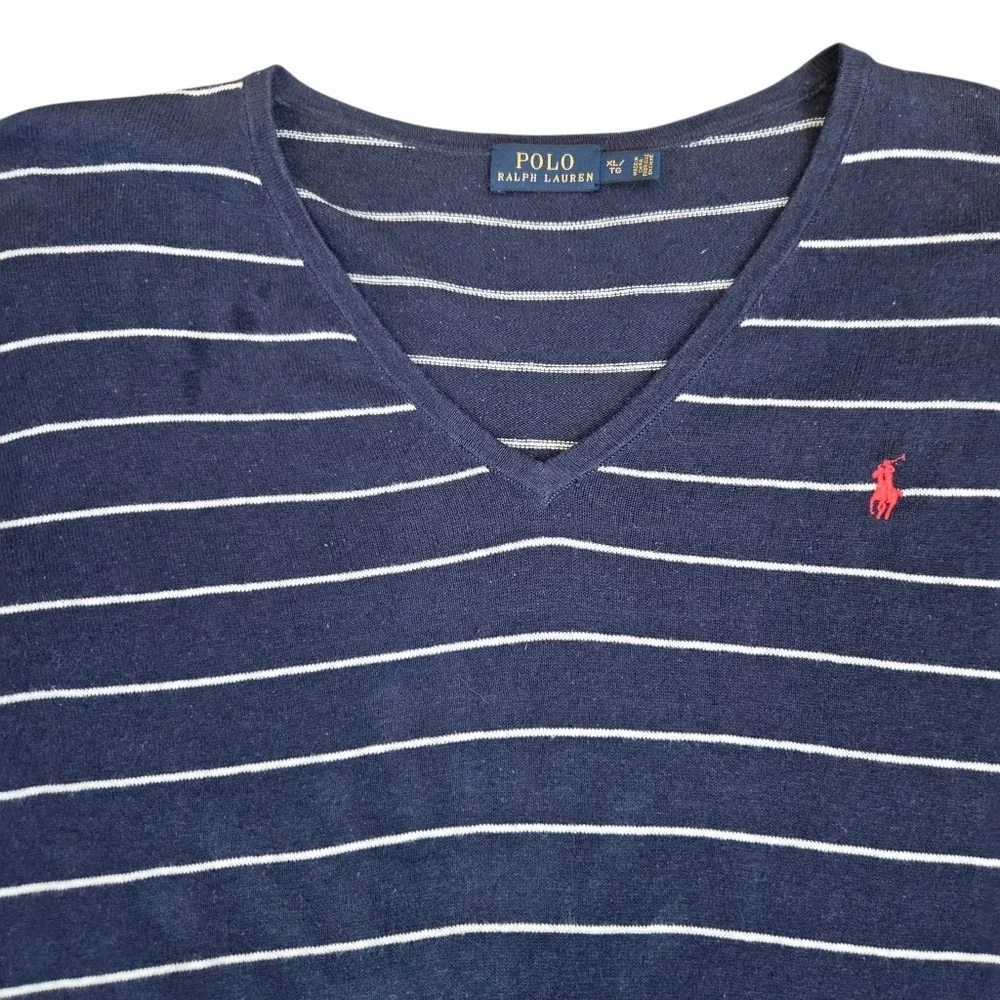 Polo Ralph Lauren Blue White Striped Pullover Sweater XL Coastal Preppy‎